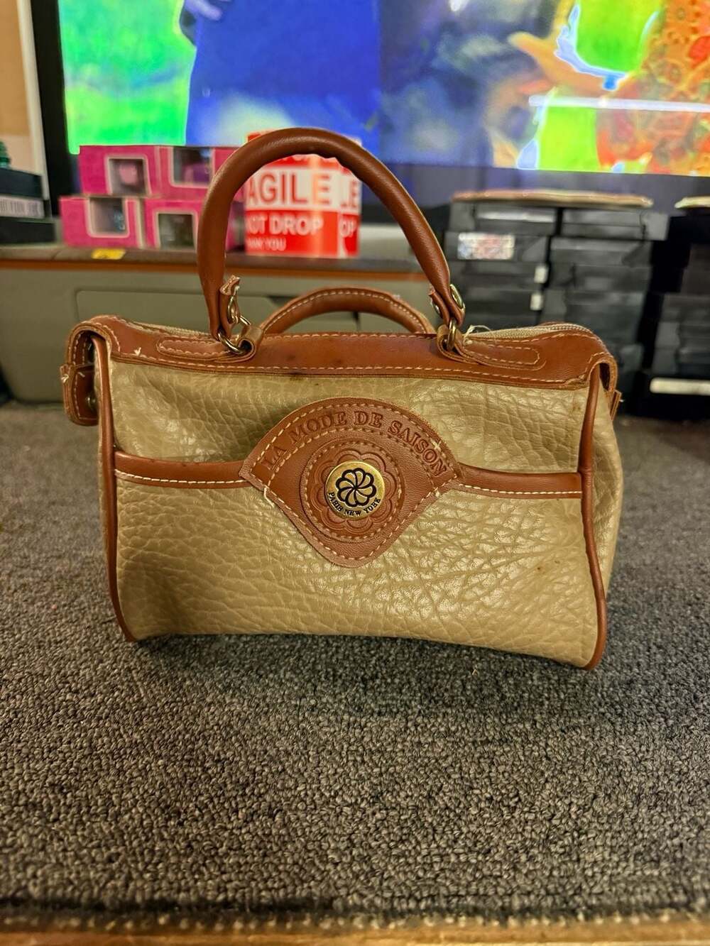 La Mode De Saison Vintage Taupe and Brown Leather Barrel Satchel Handbag